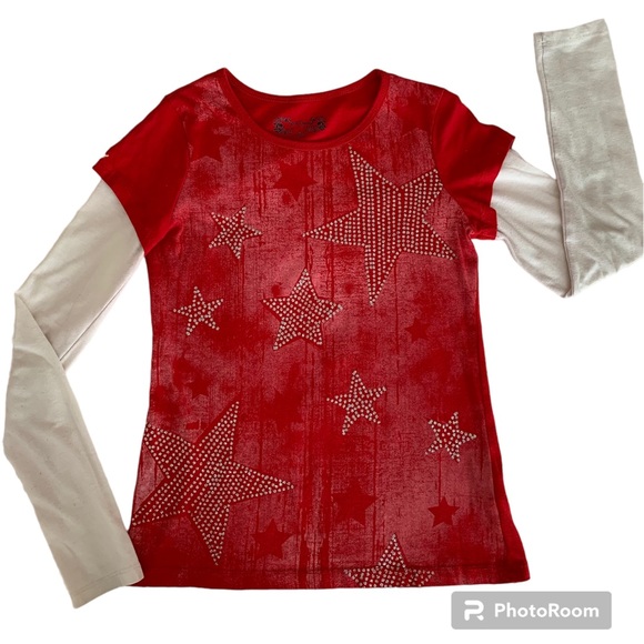 Red Camel Shirt Stars Glitter Sparkle Long Sleeves Red Cream Silver Girls Size L - Picture 1 of 12